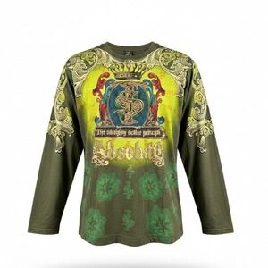 Raw Blue Men's XL Long Sleeve Graphic Shirt Olive Green Y2K Almighty Dollar Tee